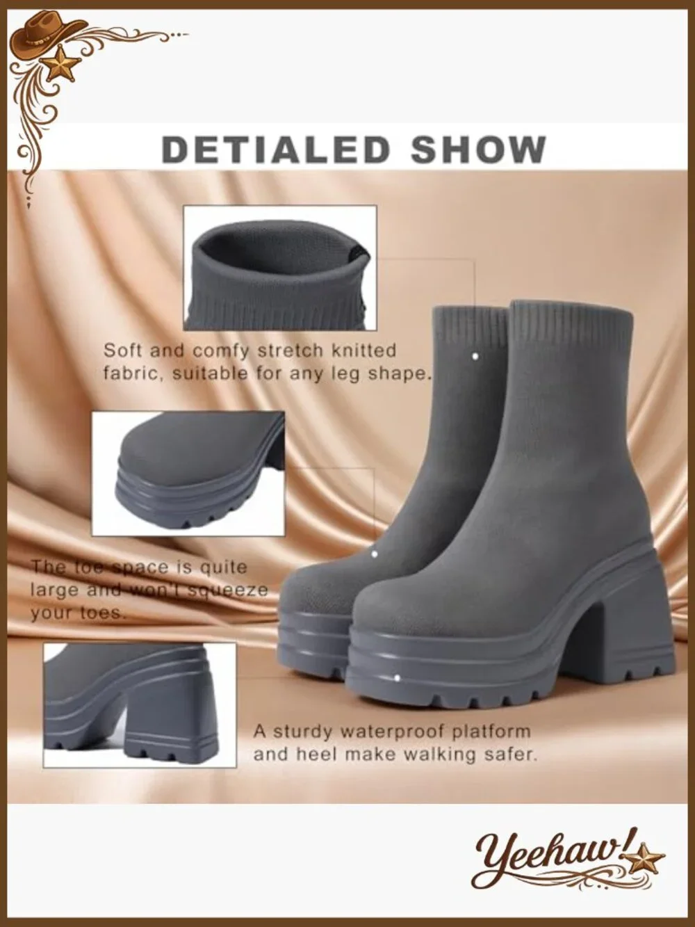 Stretch Knit Ankle Boots Square Toe Chunky Heel Platform Slip On - Picture 6 of 7
